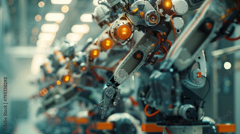 Industrial robotic arms with precision tools in manufacturing process. Industrial robotic arms with precision tools in manufacturing process.