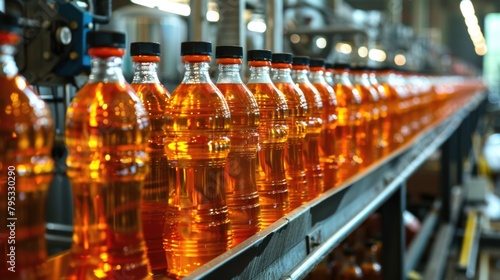 Industrial Bottling Plant with Rows of Orange Liquid Bottles