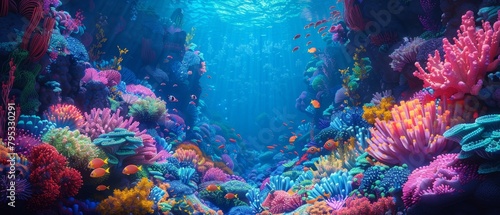 Underwater coral reef with many types of fish