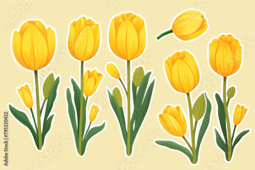 Minimalist stickers yellow tulips with green leaves