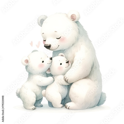 Polar Bear Family Embrace Illustration Heartwarming illustration of a polar bear family, featuring a parent and two cubs in a loving embrace, ideal for nursery room art.  © Orawan