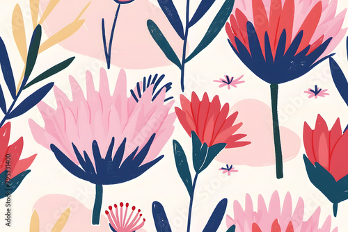 Hand drawn flowers protea seamless pattern