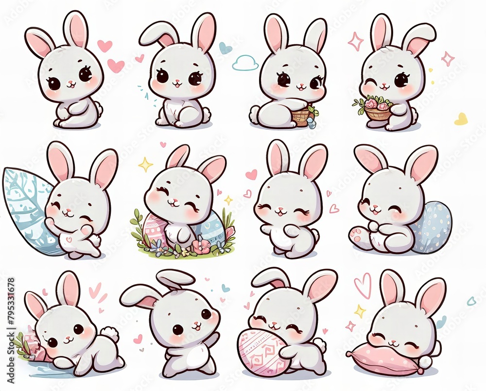 collection of cute cartoon rabbits with Easter baskets and eggs
