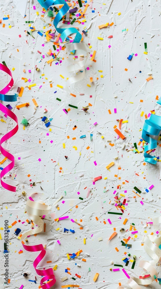 Colorful confetti and streamers on a white background.