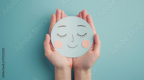 Delicate hands cradle a paper cutout adorned with a joyful cartoon face crafted with minimalist yet expressive artistic strokes photo