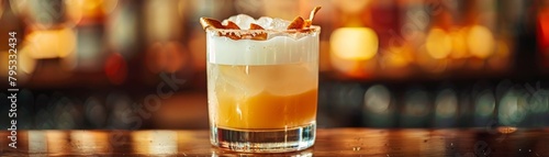 bartender makes a cocktail with foam and orange liquor