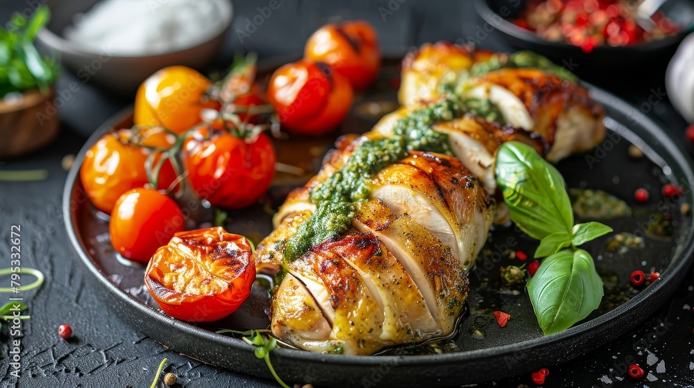 Vibrant studio shot of Hasselback chicken stuffed with vibrant green pesto and creamy mozzarella, served alongside roasted veggies, on a simple background Vibrant studio shot of Hasselback chicken stuffed with vibrant green pesto and creamy mozzarella, served alongside roasted veggies, on a simple background