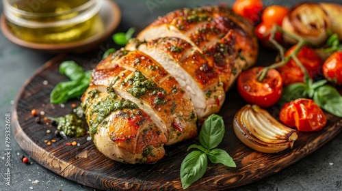 Vibrant studio shot of Hasselback chicken stuffed with vibrant green pesto and creamy mozzarella, served alongside roasted veggies, on a simple background