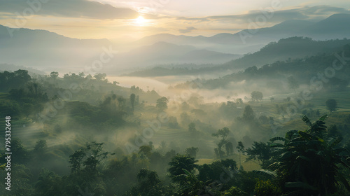 Fog and sunrise light on the mountains in northern Thailand, Chiang Mai. #795332648