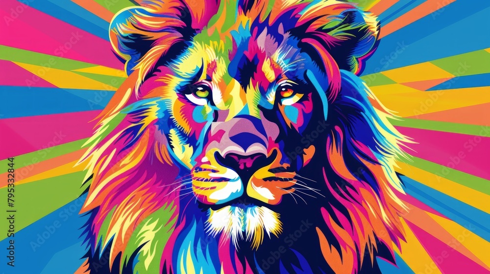Creative colorful lion king head on pop art style with soft mane and color background