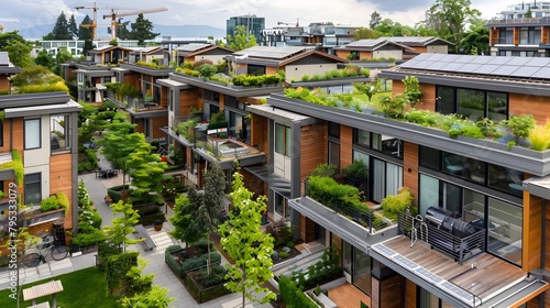 Sustainable Urban Living: High-angle View of a Compact City Neighborhood with Rooftop Gardens and #795333079