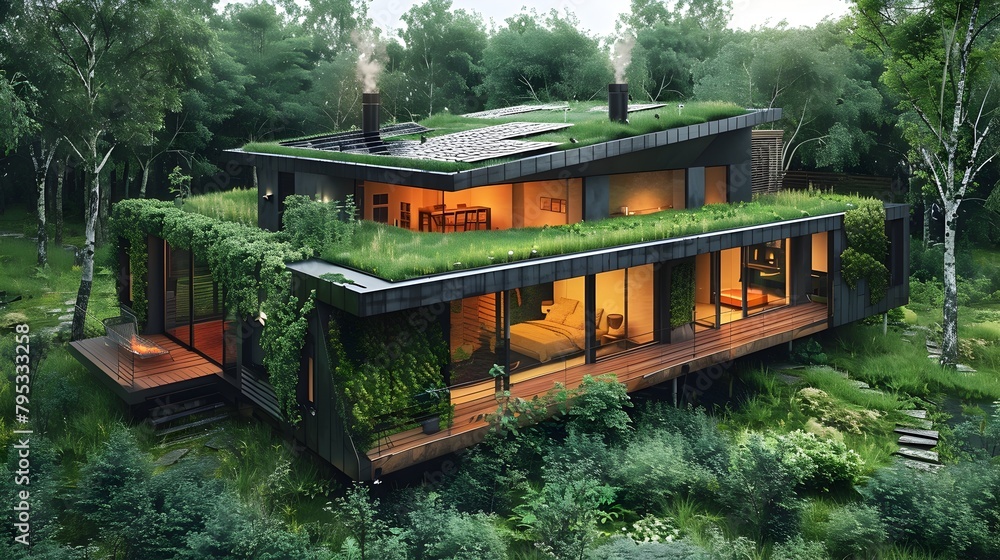 Harmony in Nature: A Modern Eco-House Integrating Green Roofs and Solar Panels