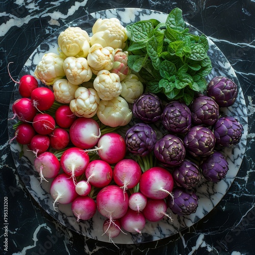 A marble plate with radishes, artichokes, cauliflower, and herbs.