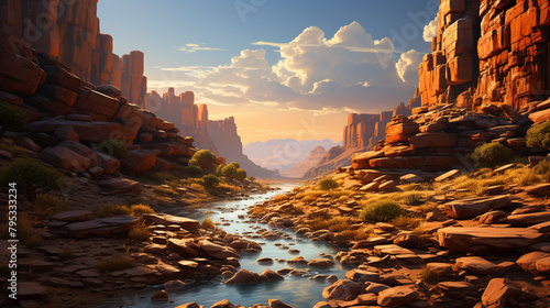 A canyon landscape at golden hour, with warm gradient tones casting shadows on the rocky formations. © Best