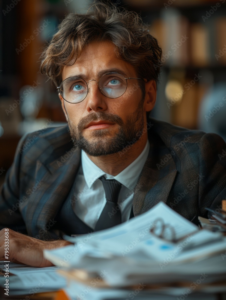 Businessman in Suit and Glasses at Office Desk with Folders and Papers Businessman in Suit and Glasses at Office Desk with Folders and Papers