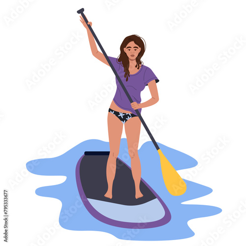 Happy beautiful young girl with paddle board. Summer, vacations. Vector graphic illustration