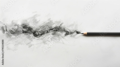 A pencil drawing of a mountain range with a pencil at the end of the drawing