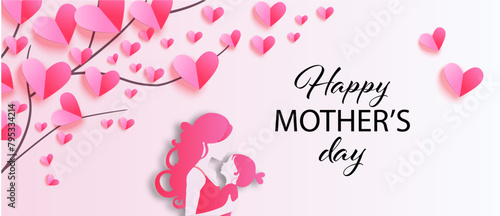 Happy Mother’s day greeting card with paper hearts, mother and daughter silhouettes. Vector