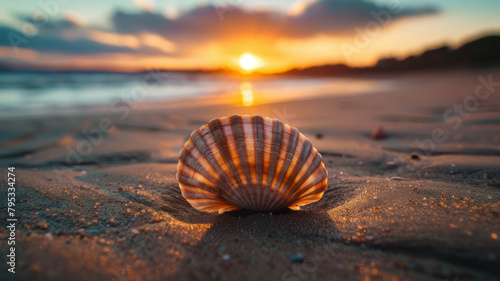 Fototapeta Naklejka Na Ścianę i Meble -  Scallop shell on the sand beach at sunset
