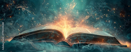 An open book with bright light and magical atmosphere photo