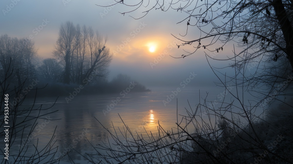 The morning fog is slowly lifting off the river, revealing the sun rising in the distance.