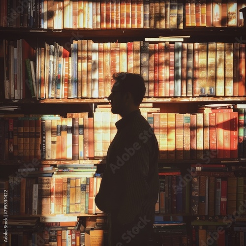 A man is standing in a library, surrounded by books. photo