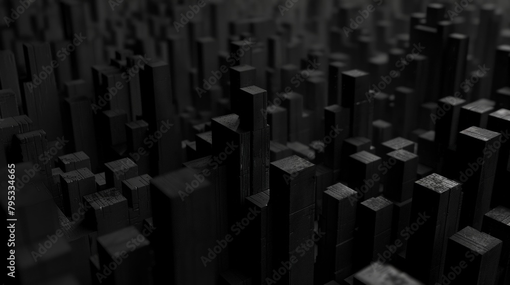Immerse yourself in the depths of darkness with this abstract landscape. A sea of extruded black blocks, varying in height, creates a mysterious and captivating atmosphere. Immerse yourself in the depths of darkness with this abstract landscape. A sea of extruded black blocks, varying in height, creates a mysterious and captivating atmosphere.