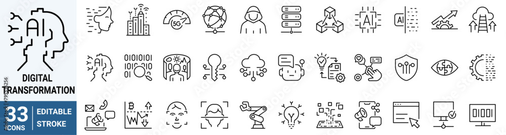 Digital transformation web icons. Digital technology icons such as cloud computing, artificial intelligence, mobile payment, coding, chip, vr glasses, innovation, network.