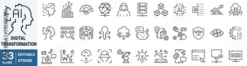 Digital transformation web icons. Digital technology icons such as cloud computing, artificial intelligence, mobile payment, coding, chip, vr glasses, innovation, network.