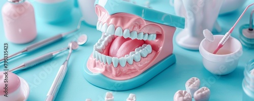 Dental model and dental equipment on a blue background. Dentistry concept.