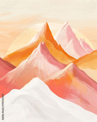 Mountains and sunset, Landscape with mountains. Hand drawn illustration boho style.
