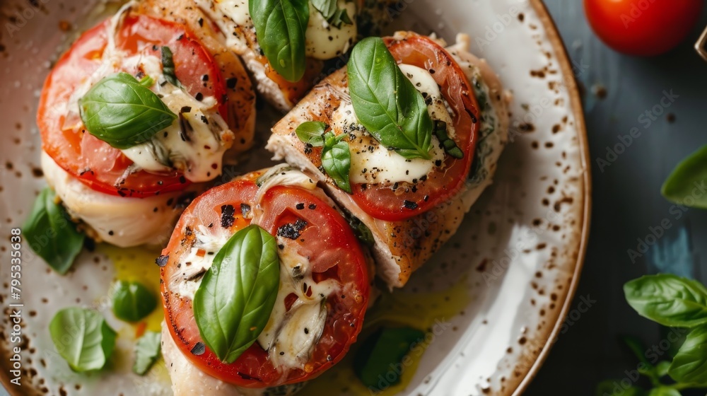 Top-down studio presentation of Caprese stuffed chicken, highlighting the vibrant basil and tomato interior with a raw, clean aesthetic
