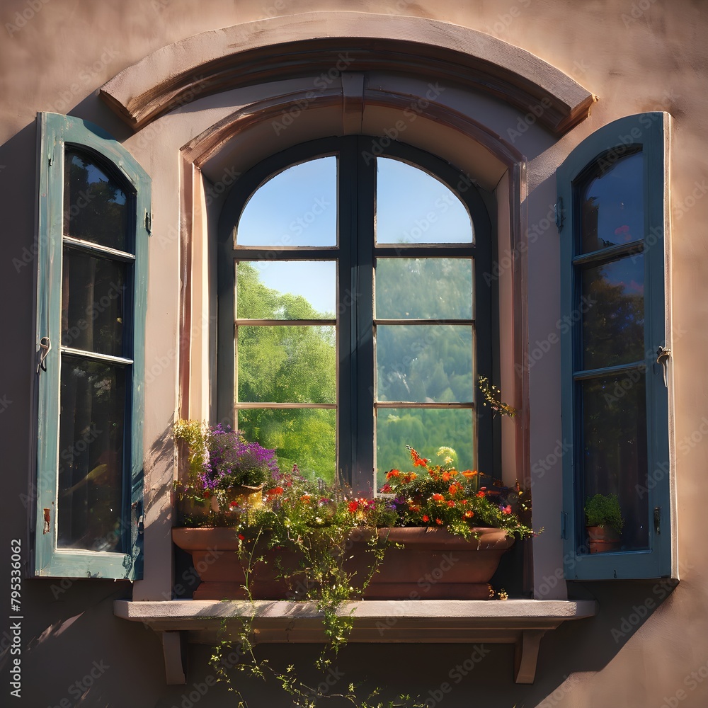 window with flowers in the background