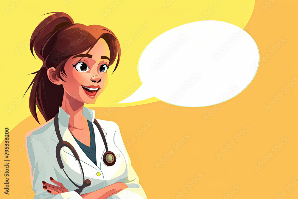 Flat Style Graphic Woman Doctor With Stethoscope And Empty Bubble Speech Flat Style Graphic Woman Doctor With Stethoscope And Empty Bubble Speech