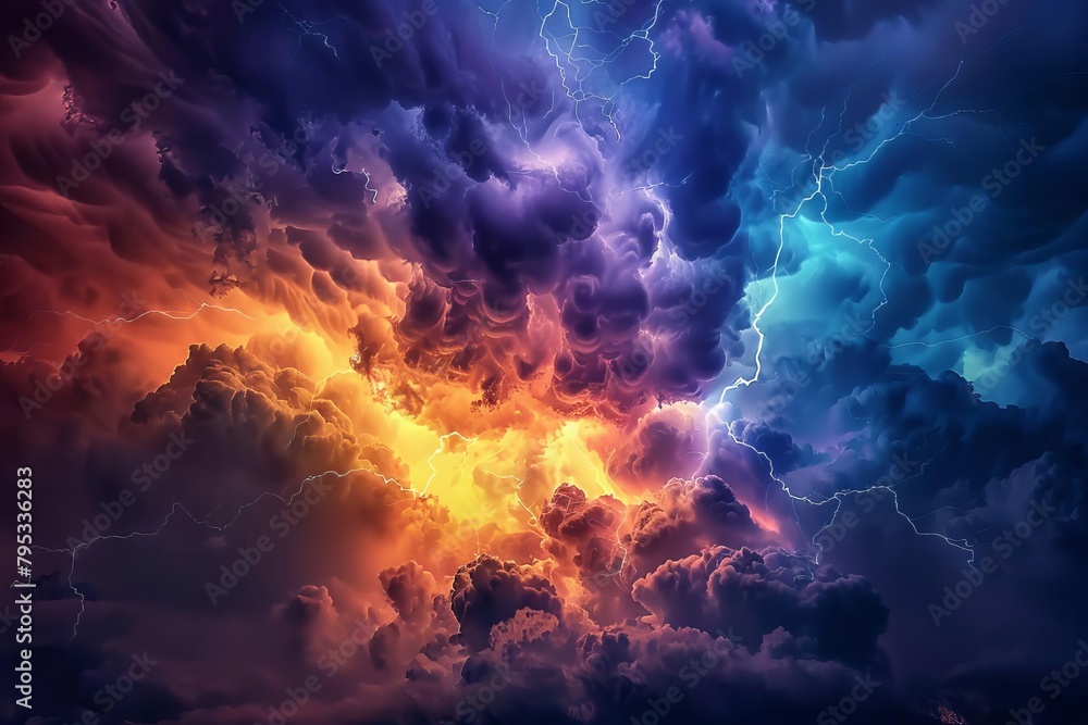 dramatic sky with explosive lightning strike in dark stormy clouds digital illustration