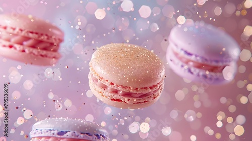 A few macarons floating in the air, with a macaron color scheme and macalley background. A pink, purple and blue gradient background with light yellow and white sprinkles like small particles on top. 
