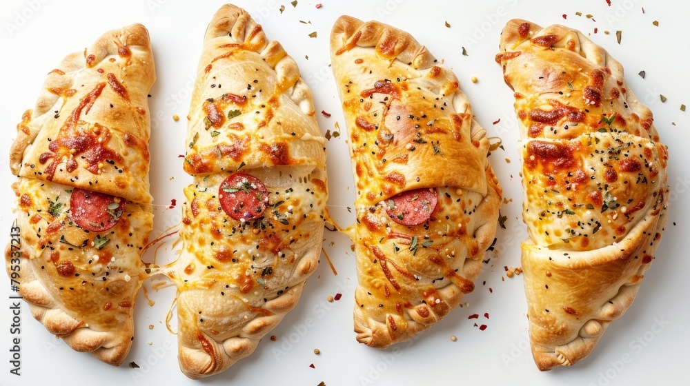 Studio shot from above showing Mozzarella and Pepperoni Stuffed Calzones with visible fillings of cheese and pepperoni, clean isolated background Studio shot from above showing Mozzarella and Pepperoni Stuffed Calzones with visible fillings of cheese and pepperoni, clean isolated background