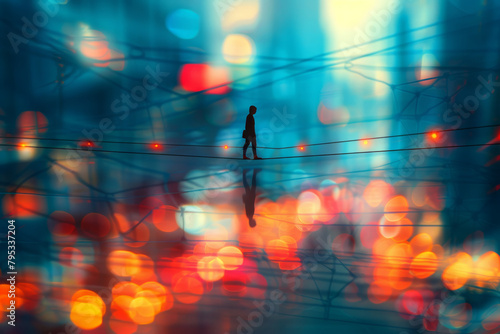 Abstract image of a person walking on a tightrope, with one side representing work and the other side representing personal life, against a blurred background of office, home environments merging toge