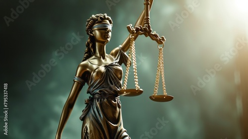 The statue of justice with closed eyes themis holds in her hands the metal scales of justice with copyspace