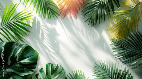 Summer vibes and exotic adventures await in this vibrant  tropical leaf-inspired background with plenty of room for your creative copy.