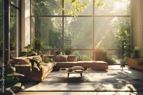 Sunlit Modern Living Room, 3D CGI Render in Cinemascope, Featuring Spring Light and Clean Aesthetics