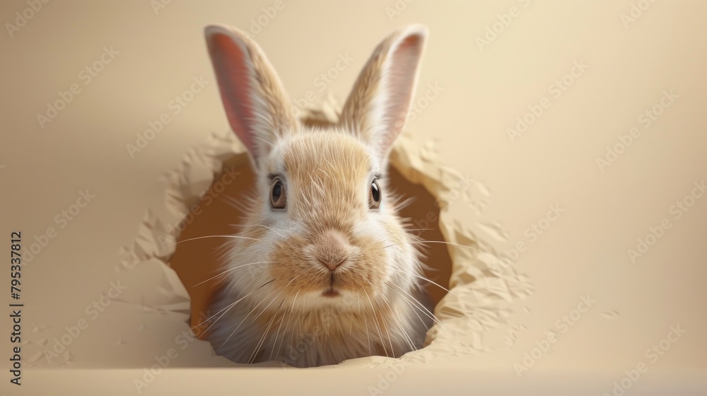 Fototapeta premium Cheerful Easter bunny peeking out of a hole against a soft cream-colored background, adding whimsy to your Easter celebrations.