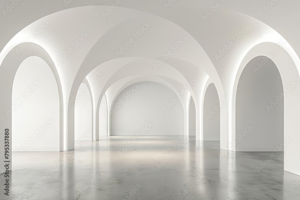 empty white room with arch design and concrete floor museum space chapel entrance minimal architecture perspective 3d render