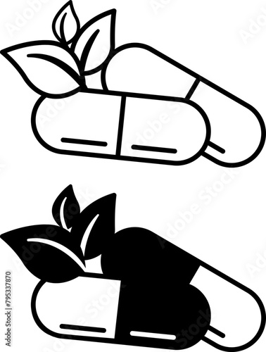 Herbal Medicine Icons. Black and White Vector Icons of Medicines Made from Herbs. Natural Organic Supplements, Dietary Supplements. Wellness Concept