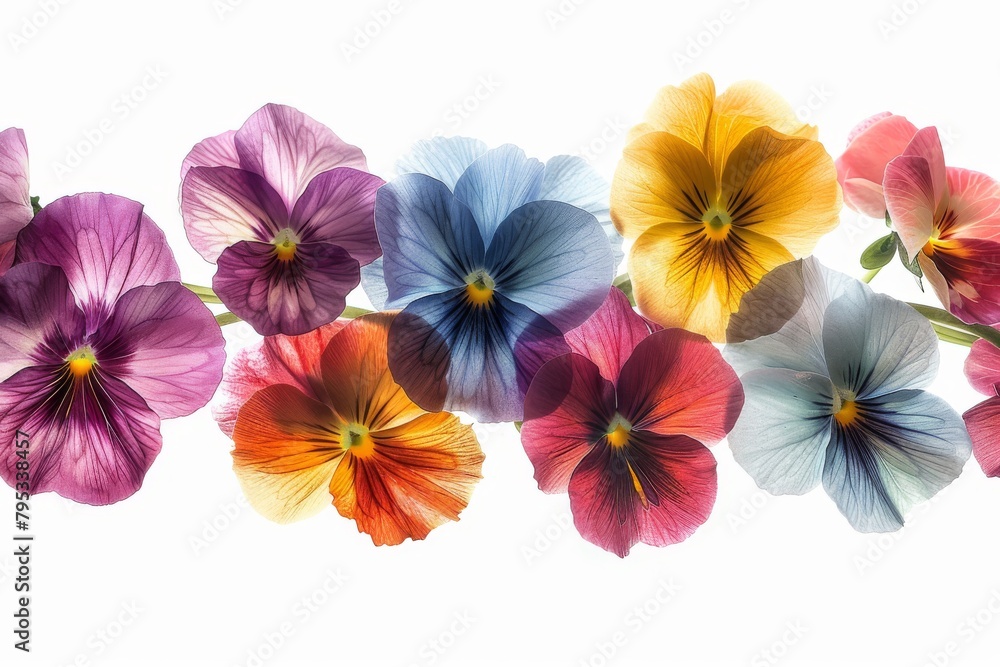 Colorful pansy flowers against a transparent white backdrop, adding a playful touch to compositions