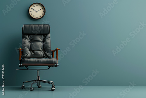 Abstract image of an empty office chair with a clock showing long hours, symbolizing the absence physical activity and sedentary nature desk jobs, against a neutral office copyspace background