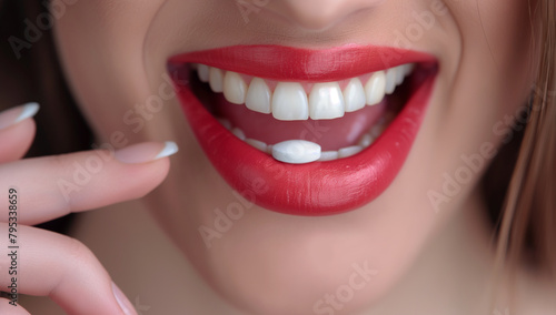  A woman is taking a pill in her mouth. The pill is white and small. The woman has a bright smile on her face 