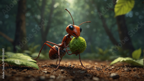 ant carrying food across a twig