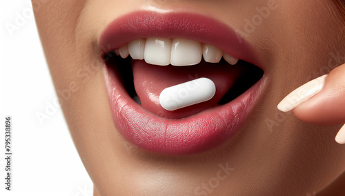 A woman is smiling and holding a pill in her tounge. The pill is white and he is a medication. The woman s tongue is visible  and it is sticking out. Concept of humor and playfulness 
