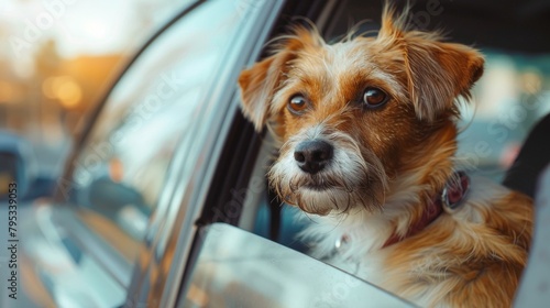 Dog enjoying from traveling by car. Jack russell terrier looking through window on road.